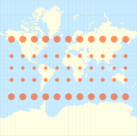 La indicatriz de Tssot en la Proyección de Mercator. Las filas superior e inferior de indicatrices, no representadas, se superpondrían al ser de radio bastante mayor. Crédito: Wikipedia